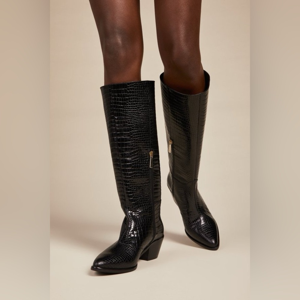 Classic Tall Croc-Embossed Black Knee Boots